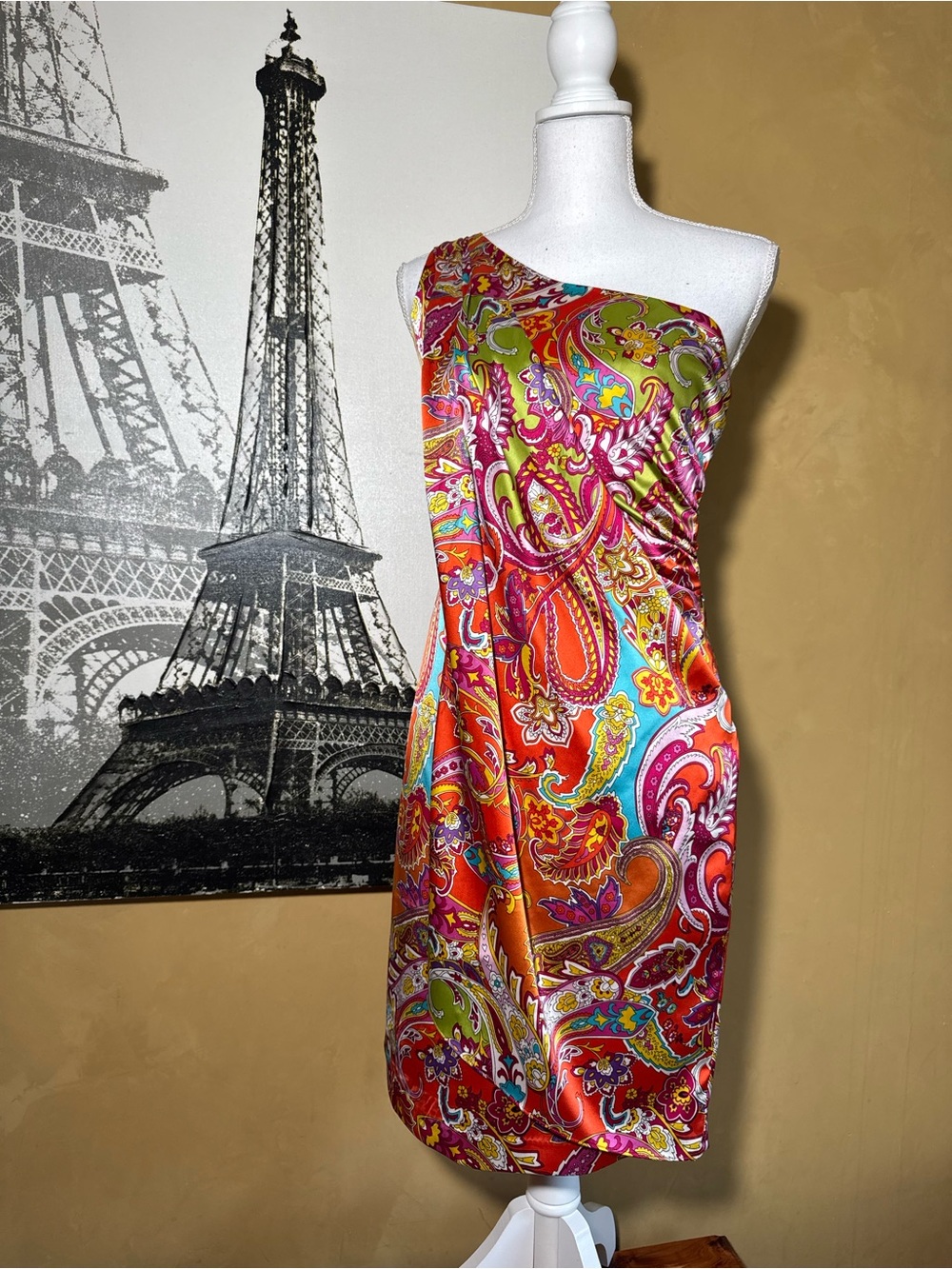 Lauren Ralph Lauren One-Shoulder Paisley Satin Dress in Red, Pink, Orange, Green